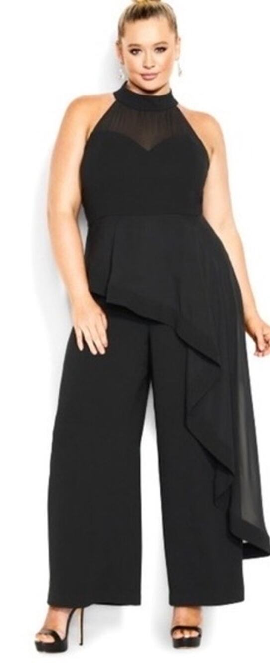 City Chic Mika Black Sleeveless Wide Leg Asymmetric Overlay Jumpsuit Size 24